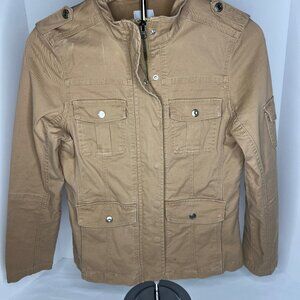 Kensie Denim Cargo Jacket Sz S Light Weight Utility Khaki Tan Zip Snap Pockets